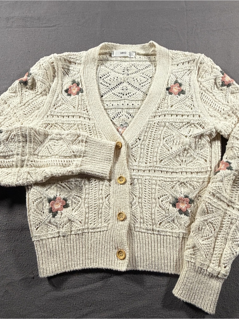 MANGO Cardigan Crochet Floral Embroidered Cream Women XS Cottagecore Coquette